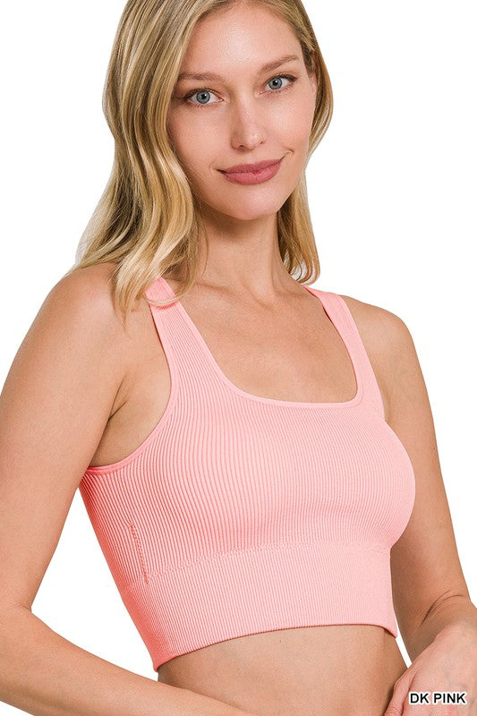 RIBBED SQUARE NECK CROPPED TANK TOP WITH BRA PADS