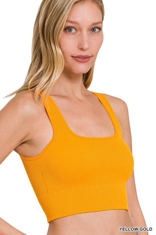 RIBBED SQUARE NECK CROPPED TANK TOP WITH BRA PADS